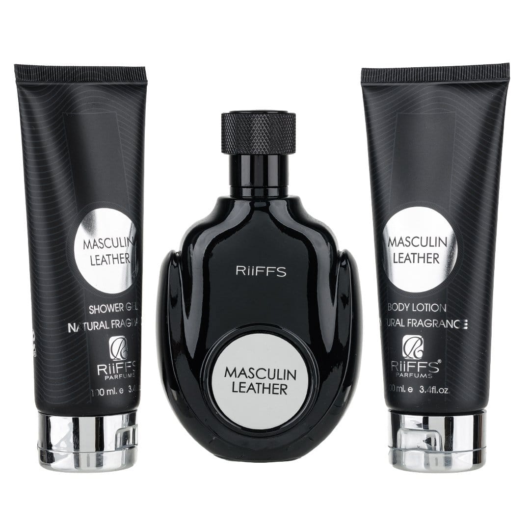 Set Cadou Masculin Leather Apa de Parfum 100ml + Gel De Dus 100ml + Lotiune de corp 100ml, Riiffs